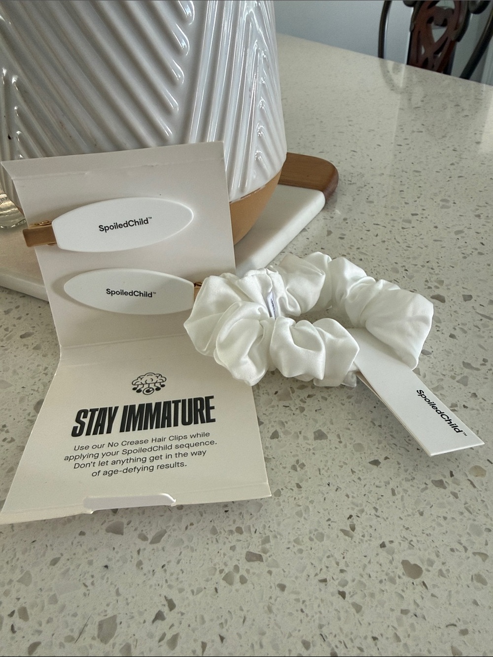 SpoiledChild White Satin Scrunchie & No Crease Hair Clips Set
